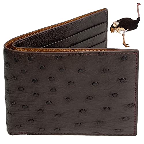Dark Brown Ostrich Leather Slim Bifold Wallet Double Side Exotic Wallet Multiple Pocket Holder Passcase RFID Blocking Security Handmade Gift For Men VINAMOS-03