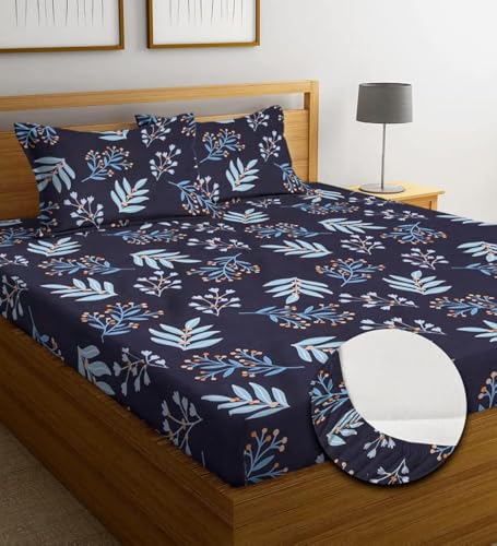 Image of NHD HOME Premium Cotton Elastic Fitted Bedsheets with 2 King Size Pillow Covers | Double Bed with All Around Elastic 220 TC Supersoft | Size - 72 King Sizex78+10 inches | Floral, Black