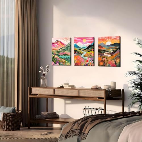 3Pcs Colorful Watercolor Mountain Canvas Wall Art Boho Floral Painting Picture Wall Decor Abstract Nature Landscape Poster Print Artwork for Living Room Bedroom Bathroom Office Home Decoration