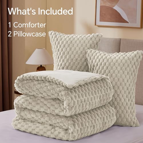 Image of BEDELITE Fluffy Full Size Comforter Set - Linen Fleece Soft Comforter for Full Size Bed, Luxury Warm Bedding Set for Winter, Fuzzy Bed Set 3 Pieces (1 Comforter, 2 Pillowcases)