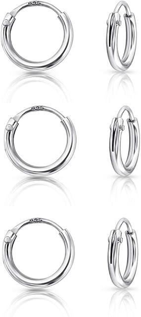DTPsilver® Set of 3 PAIRS of VERY TINY 925 Sterling Silver Endless Hoops/Sleepers Earrings - Cartilage/Helix/Tragus - Thickness 1.2 mm - Diameter 8 mm