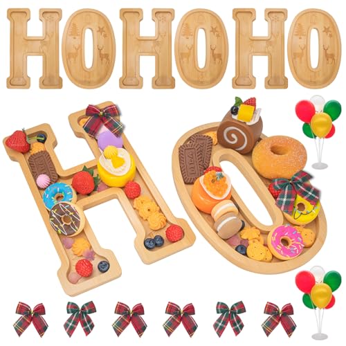Image of 6PCS Bamboo Christmas Decorations Letters Charcuterie Board Box-(with 14 Balloons and Bow) HOHOHO Charcuterie Letters Fillable Food Christmas Party Supplies Table Decoration Food Tray Platter