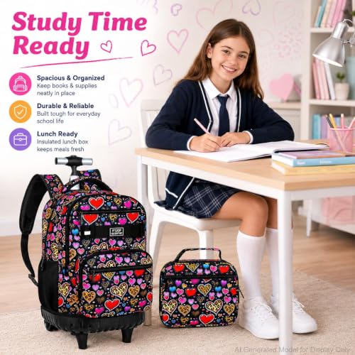 Image of 3Pcs Rolling Backpack for Girls, 19 Inche Women Roller Bag with Wheels for Adults, Wheeled Bookbag with Lunch Box(Brown)