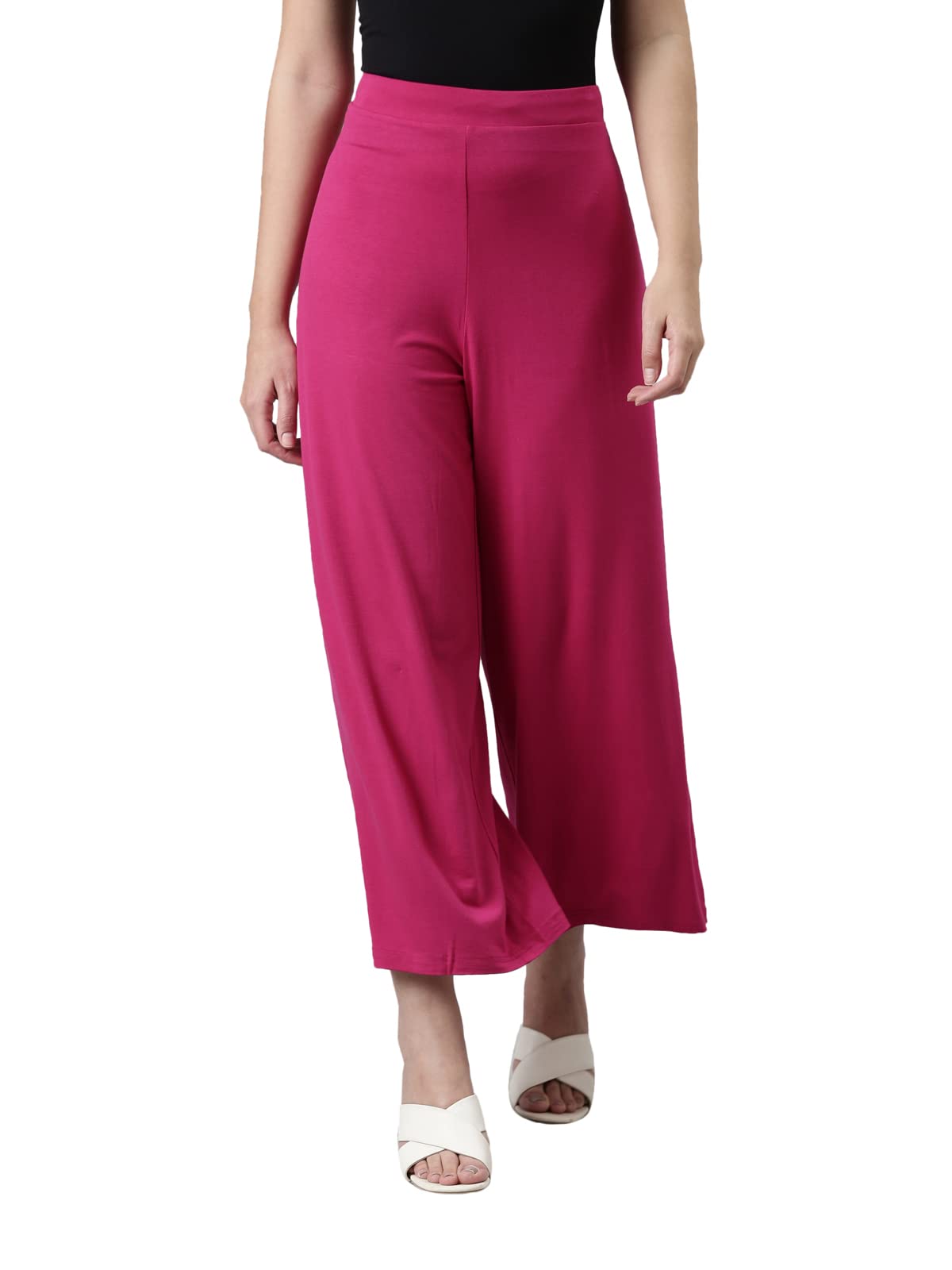 Go Colors Soft Viscose Knit Palazzo Full Length for Women| Breathable, Mid Rise, Dark Rose_LPZ1_Red_M