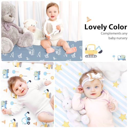 Image of Baby Crib Sheets for Boys and Girls, 3 Pack Toddler Bed Sheets for 52 inchx28 inch Standard Toddler Mattresses, Soft Microfiber Fitted Crib Sheets Neutral Blue Truck