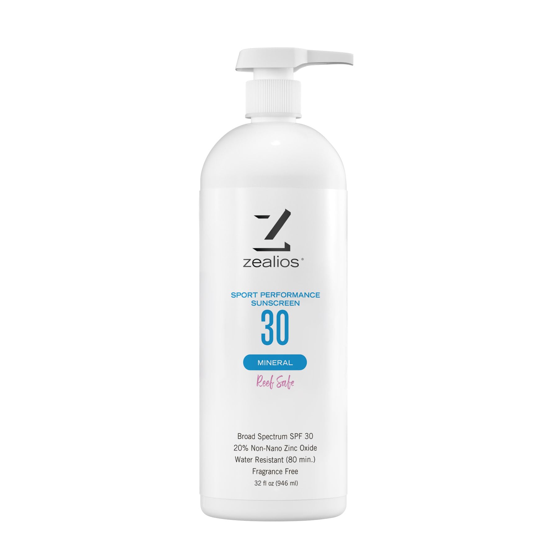 Zealios Sport Performance Mineral Reef Safe SPF 30 Sunscreen, 32 oz Bottle Plus Travel Bottle, Water Resistant Non-Greasy Sunscreen, 20% Non-Nano Zinc Oxide, for Running, Cycling, Swimming