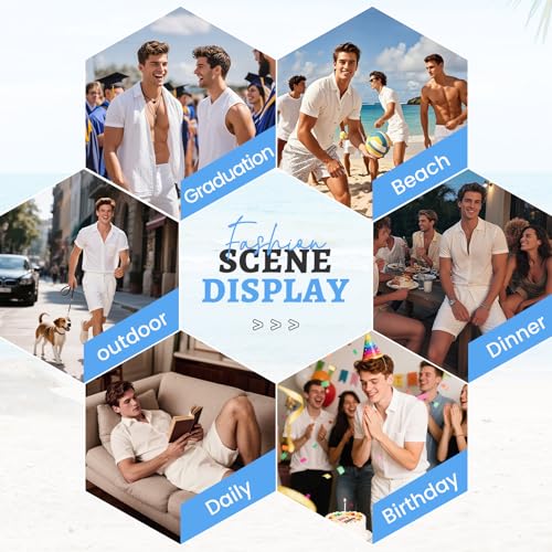 MANTORS Men's 2 Piece All White Outfits Summer Beach Button Down Shirt and Shorts Sets4