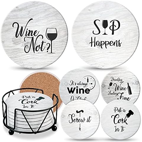 Coasters for Drinks Absorbents with Holder - 6 Pcs Gift Set with 6 Funny Sayings for Wine Lovers - Ceramic Stone with Corked Back, Unique Present for Housewarming, Living Room Decor Cover