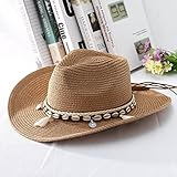 BYYHJNMSXS Sonnenhüte Shell Quasten Cowgirl Hut Strohhut Für Damen Herren Western Cowboyhut Damen Trendy Woven Sun Hat Beach Cap 56-58Cm Khaki