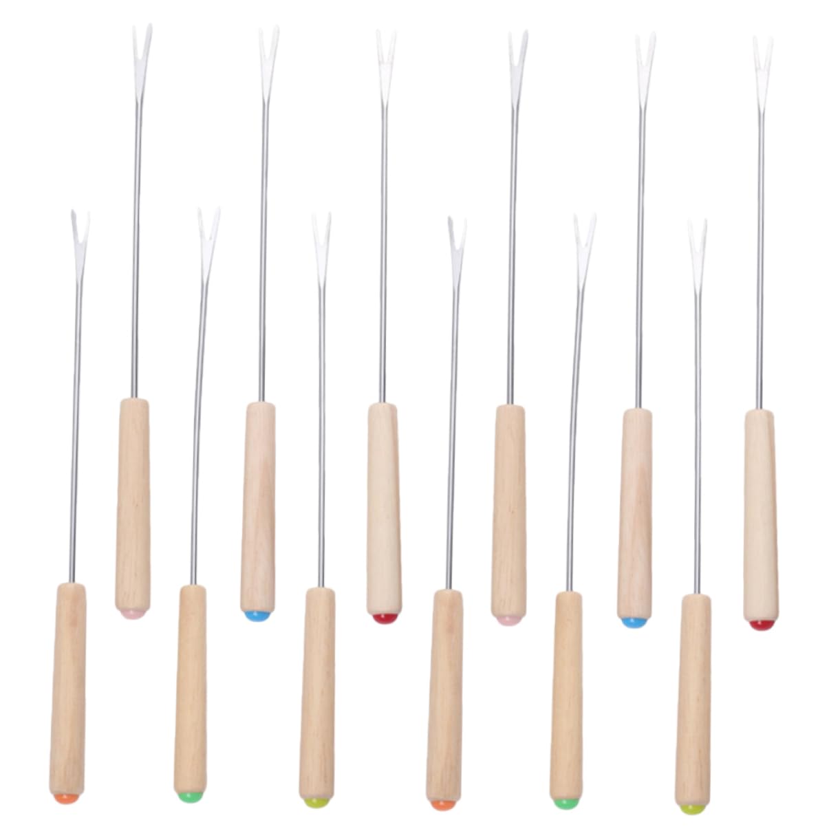 OFFSCH 12pcs Stainless Steel Fondue Forks with Long Oak Handle Color Coded Dipping Forks for Cheese Chocolate and Fruit for Family Gatherings and Parties