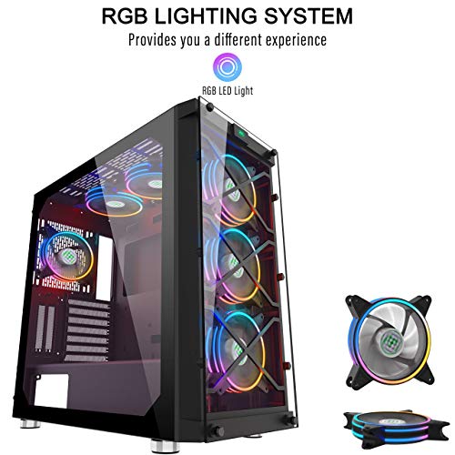 MUSETEX Phantom Black ATX Mid Tower Desktop Computer Gaming Case USB 3.0 Ports Tempered Glass Windows with 120mm LED RGB Fans Pre-Installed (BX6-MS6)