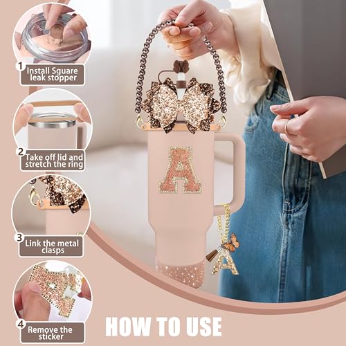 Hpebl 9PCS Brown for Stanley Cup Accessories Set Bling Initials Bow Charms for Stanley Decorations 30/40 Oz Tumbler Accessories Including Bow Straw Topper, Handle Strap, Spill Stopper（Letter I） - image 5