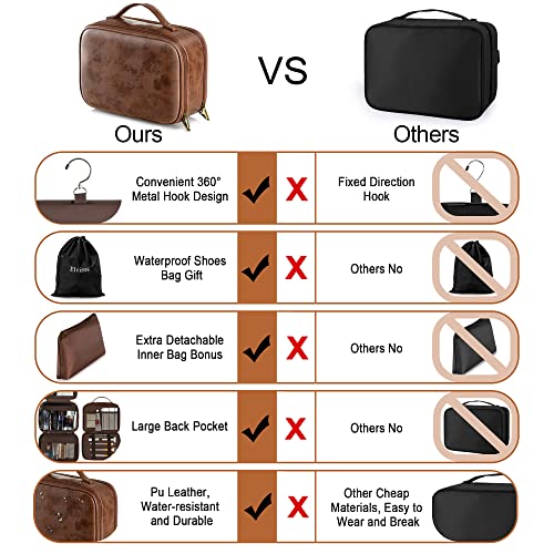 Elviros Travel Toiletry Bag For Men And Women, Large Hanging Leather Makeup Bags Organizer, 2 In 1 Water-Resistant Cosmetic Case For Bathroom Toiletries Accessories (Dark Brown) #TOP3