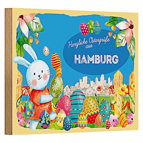 Buntes Holzschild | Herzliche Ostergrüße | aus Hamburg | 18 cm x 12 cm
