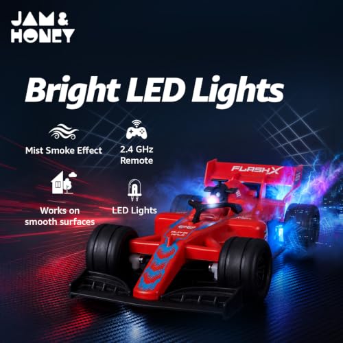 Image of Amazon Brand - Jam & Honey Formula F1 RC Racing Car for Kids | 2.4GHz Remote (100+ ft Range) | Mist Smoke Effect | LED Lights | Type-C Rechargeable | Multi-Direction Control | Red|4+ Years