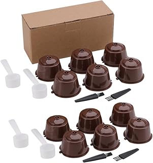 12 uds, Pack 12 Cápsulas Filtros de Café Recargable Reutilizable para Cafetera Dolce Gusto, Resistente Más de 250 Usos de Sustitucion de Cápsula, Caja de Almacenamiento, Cepillos y Cucharas, Marrón