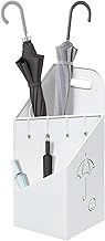 WOLTU Umbrella Stand with 4 Hooks, Umbrella Stand with 2 Separate Zones, Anti-Rust Metal Umbrella Stand, Umbrella Holes and Smile, for Hallway and Entrance, White, SST14ws