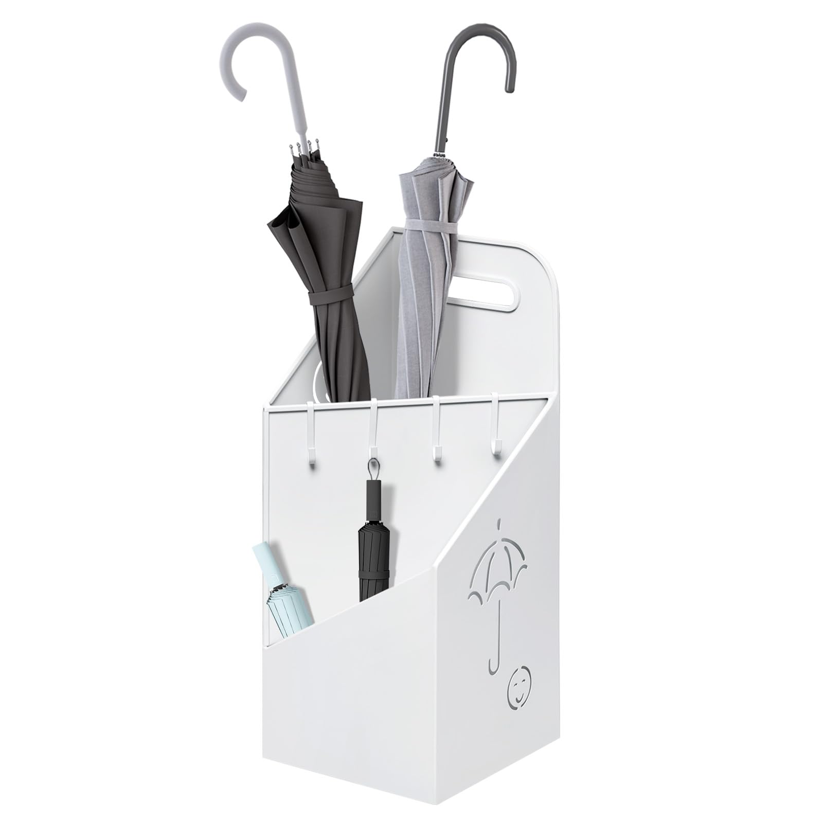 WOLTU Regenschirmständer 2 Slots, Schirmständer Regenschirm, Regenschirmhalter mit Griff, 4 Haken, für Eingangsbereich, 20x49x20 cm, aus Metall, Weiß, SST14ws