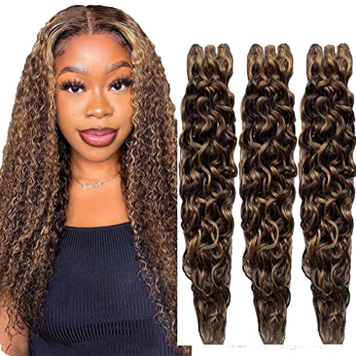 Ombre Human Hair Extension Piano Color Hair Bundles Brazilian Virgin Hair Two Tone Bundles P4/27 Water Wave Bundles Double Weft Ombre Blonde Bundles 3 Bundles 26 28 30 Inch