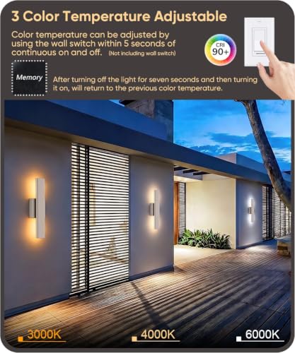 Image of Aipsun 15.7 inch Nickel LED Outdoor Wall Sconce, Modern Exterior Wall Light | 2 Pack 3CCT(3000K-4000K-6000K) IP65 Waterproof, Memory Function, Linear Outside Wall Light for Entrance, Garage, Porch, Patio