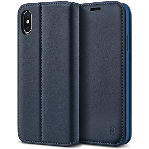 BEZ® Cover iPhone X, Cover iPhone XS, PU Custodia Compatibile per iPhone X, iPhone XS, Protettiva Portafoglio Flip Cover con Kickstand Fuction, Blu Navy