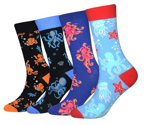 Cansok Herren Neuheit Oktopus Tiere Socken anziehen Mannschafts Waden Socken Packung mit 4