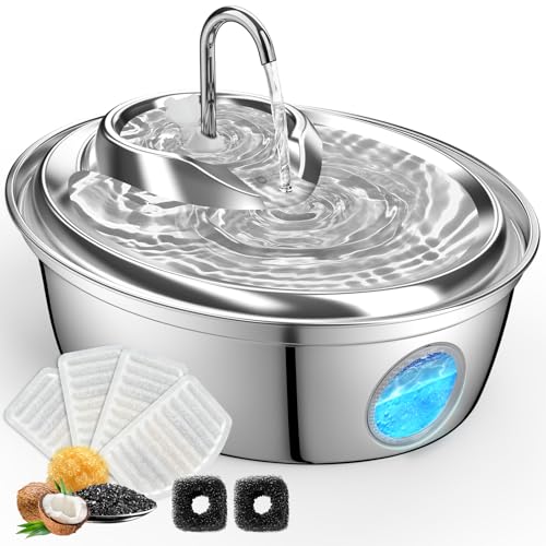 Image of ORSDA Cat Water Fountain Stainless Steel, Cat Fountains for Drinking, 67oz/2L Automatic Pet Fountain Water Dispenser with Water Level Window for Cats and Small Dogs - 3 Filters +1 Pump Sponges