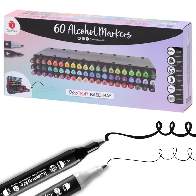 Decotime Twin Alcohol Markers with XL Stackable Alcohol Marker Storage Tray, 60 Dual Tip Fine & Brush Markers