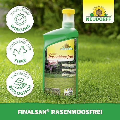 Foto von Neudorff Finalsan RasenMoosfrei – Rasenmoosvernichter mit Sofort- und monatelanger Dauerwirkung bekämpft effektiv und schonend Moos im Rasen, 1 Liter