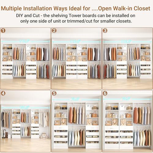 Aheaplus Closet System with 8 Wooden Drawers, Wood Closet Organizer System with Tower, Walk-in Closet Organizer Wardrobe Clothes Rack with 4 Hanging Rods, Garment Rack, Cut to Fit 7-12Ft, White