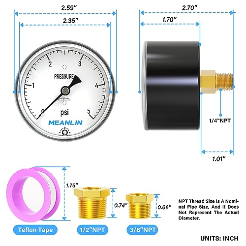 MEANLIN MEASURE 0-5Psi Diaphragm Type Capsule Low Pressure Gauge 1/4\" NPT 2-1/3\" FACE DIAL Adjustable Water Column Gauge, with 1/4\" x 1/2\" NPT and 1/4\" x 3/8\" NPT Hex Bushing, Back Mount