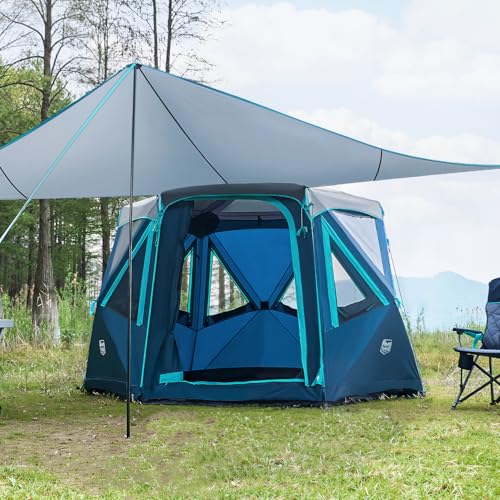 Timber Ridge 4-6 Person Pop Up Hub Tent, Easy 60 Second Setup, Weather Resistant Camping Family Cabin Tent with Rain Fly and Wheeled Carry Bag for Outdoor Camping, Blue