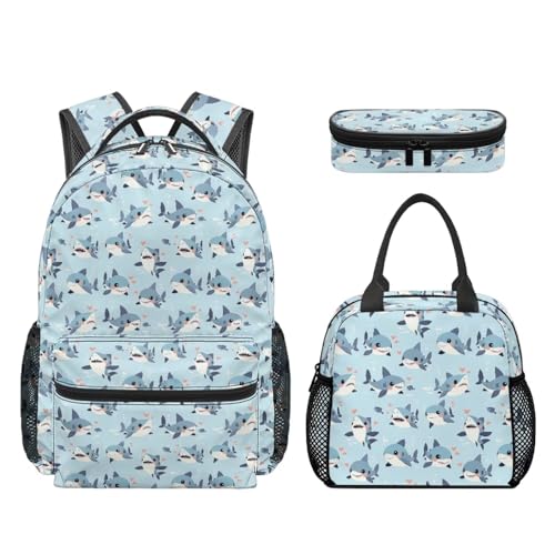 Sac à dos pour filles Shark Love Aqua résistant 3 pièces avec sac à lunch