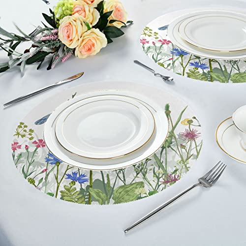Xigua Herb Wild Flower Round Placemats Waterproof Non-Slip Washable Place Mats Polyester Table Mats Set Of 4 Heat Resistant For Home Kitchen Holiday Party Decor 15 Inch #TOP5