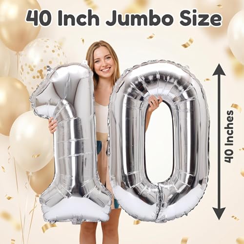 Image of Number 10 Balloon Foil Mylar Balloons for Birthday Party Decoration (Silver, 40 Inch)