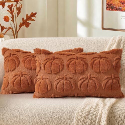 Image of decorUhome Fall Decorative Light Rust Pumpkin Throw Pillow Covers 12x20 Set of 2, Soft Faux Fur Plush Farmhouse Accent Pillow Cases for Couch Bed Sofa Autumn Harvest Halloween Holiday Home Decor