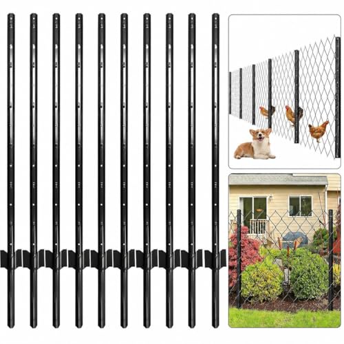 Fence Posts 6 Feet Pack of 10 Metal Fence Poles U Post Sturdy Duty Fence Stakes Step in Post No Dig Fence Post for Garden Yard Black
