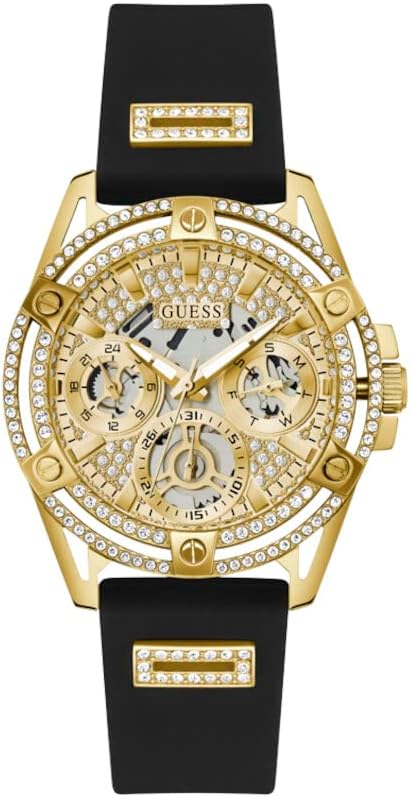 Guess Ladies 40mm Watch - Black Strap Champagne Dial Gold Tone Case