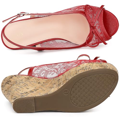 Allegra K Allegra K Women's Platform Heels Bow Lace Wedge Red Sandals 9 M US