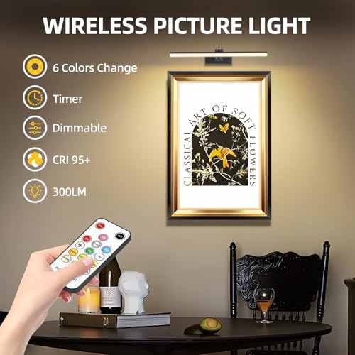 Image of 6 Colors Picture Lights Battery Operated with Remote, 16 inch Cordless Rechargeable Painting Lights with Timer for Wall, 6CCT Dimmable Display Lights for Artwork Gallery Dartboards, 4 Pack (Black)
