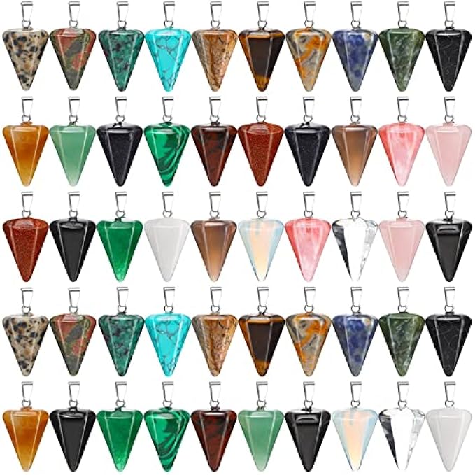 50 Pieces Cone Stone Pendant Cycloid Crystal Pendant Healing Chakra Quartz Crystal Pendant Cone Gemstone Pendant For Jewelry Making DIY Necklace, 25 Colors