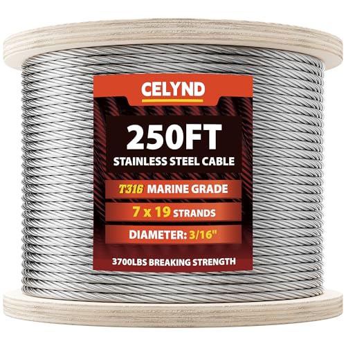 CELYND Stainless Steel Cable for Railing - 250FT 3/16 T316 Wire Rope - 7 x 19 Strands 3700 LBS Breaking Strength for Outdoor Deck Railing DIY Projects