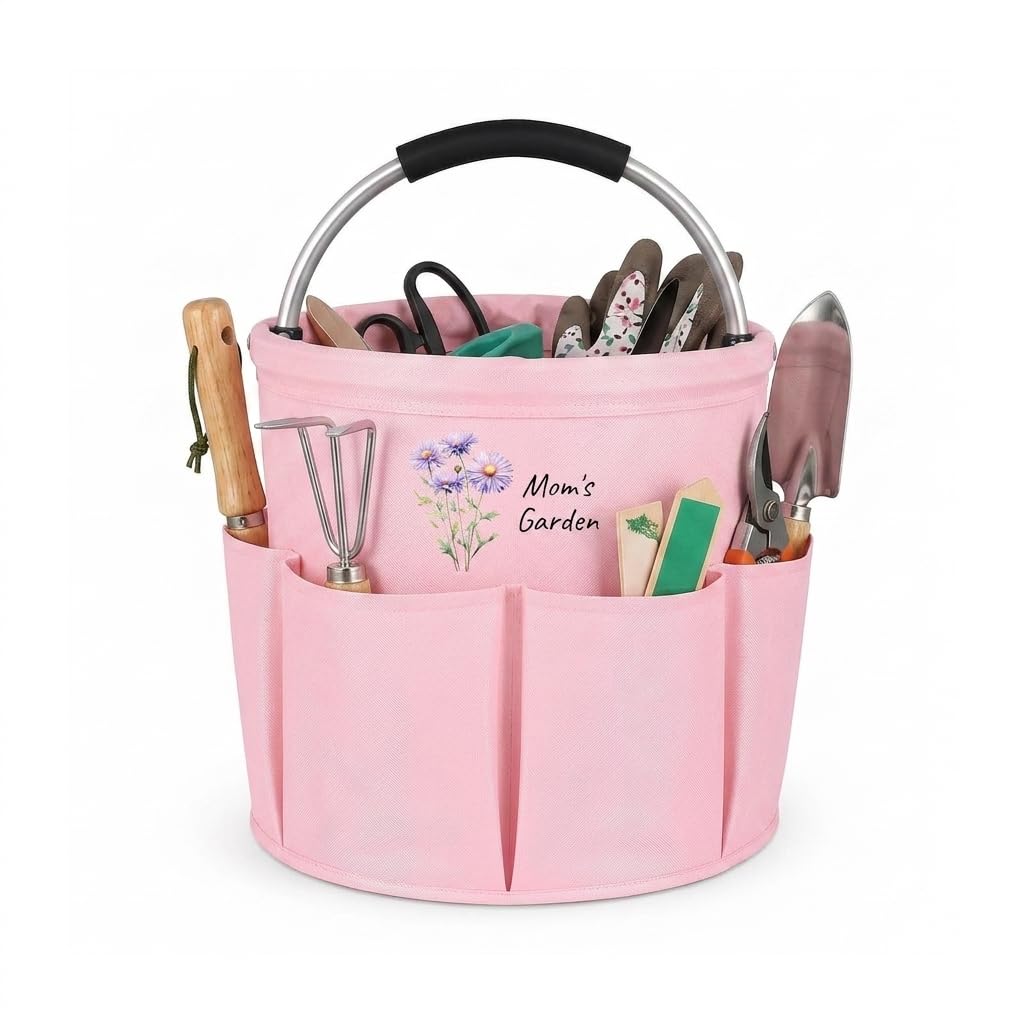 Amsgedhie Personalised Gardening Tool Bag with Handle Oxford Fabric Gardening Storage Box with Birth Flowers Text Foldable Multi-Pocket Tote Bag, Gardening Gift for Men and Women，Pink