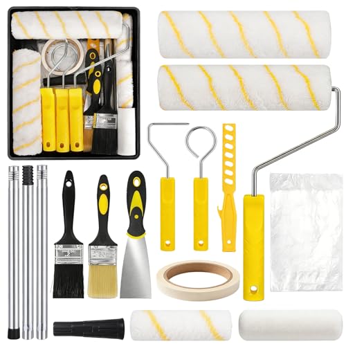 Kit de Rouleaux de Peinture 20 Pièces Set Complet pour Murs et Plafonds Rouleaux 23 cm et 11 cm Bac à Peinture Pinceaux Agitateur Housse de Protection pour Décoration et Rénovation Maison