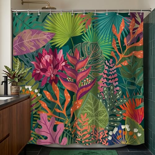 PAOPOED Tropical Floral Leaves Shower Curtain, Vibrant Jungle Botanical Design with Colorful Leaves, Polyester Fabric 72x72 Inches Includes 12 Hooks, Ideal Bathroom Décor for Nature Lovers
