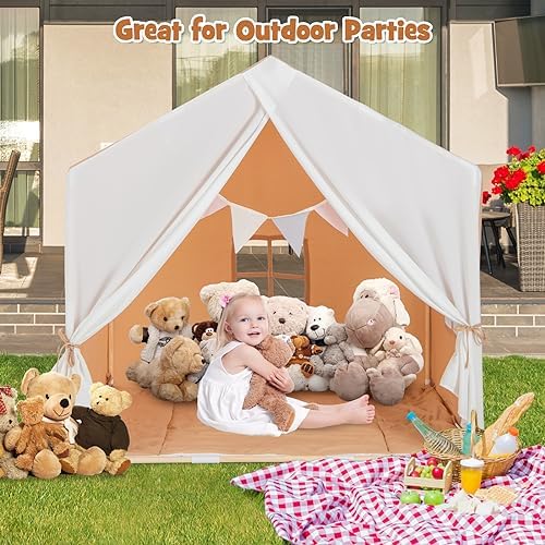 Costzon Large Kids Tent with Mat, Children's Play Tent w/Flag Banner, Windows, Gauze Curtain, Solid Wood Frame, Indoor Outdoor Kids Playhouse for Boys & Girls Age 3 + (Light Brown) 9 51CpFYhPL L. AC