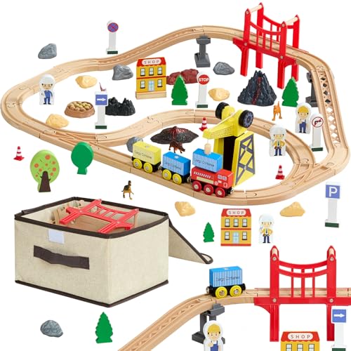 VEVOR Circuit de Train Bois Enfants 3-8 Ans Ensemble Rails de Train Bois 70 PCS Jouet pour Noël Anniversaire Garçons Filles, avec Grue Magnétique,...