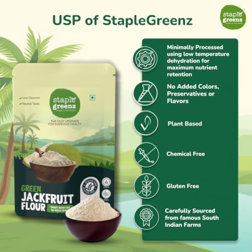 Image of StapleGreenz Jackfruit Flour 250g | Helps Balance Post Meal Sugar Spikes | High Fiber & Antioxidants | Neutral Taste | Add to Regular Flour, Dosa /Idli Batter | Gluten-Free & No Added Preservatives