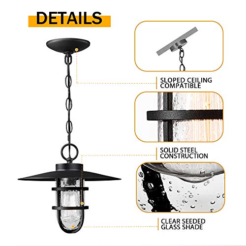 Bunkos Outdoor Pendant Light - Adjustable Height Outside Porch Hanging Light | 11" Rustic Chandelier Lamp | 1 Light Black Outdoor Hanging Lantern Finish With Bubble Glass For Kitchen Island Foyer #TOP3