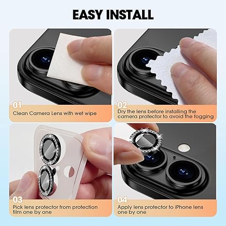 Image of for iPhone 16 /16 Plus Camera Lens Protector Bling Individual Metal Diamond Ring 9H Hardness Scratchproof Protector, Stylish Phone Accessories, Case Friendly (Black Diamond)